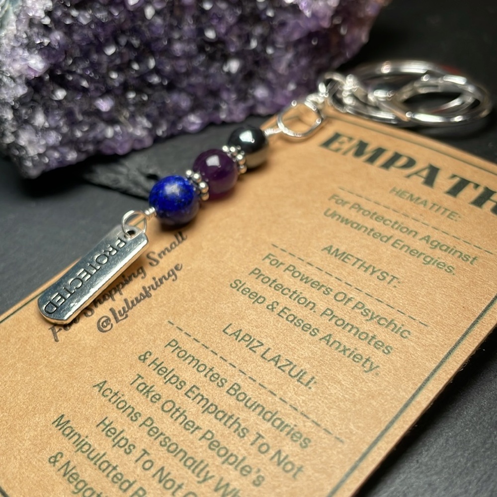 Hand Crafted Empath Protection Keychain with Purple Amethyst, Lapis Lazuli - Picture 4 of 7